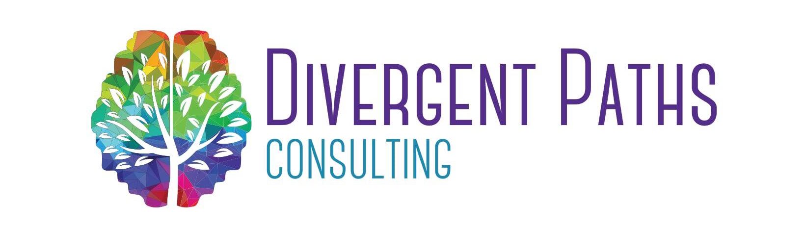 banner with the text divergent paths consulting and a white tree placed over a rainbow brain