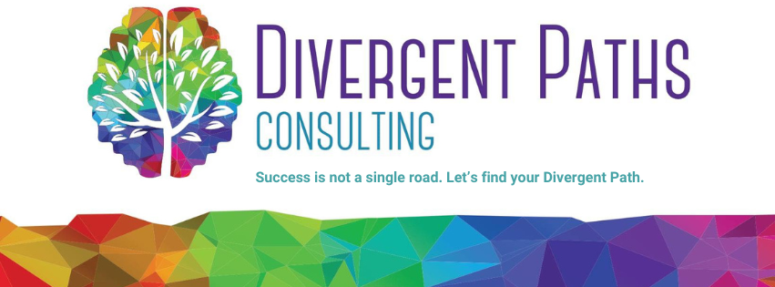 Logo of a white tree over a rainbow brain. Text reads "success isn't a single road. let's find your divergent path"
